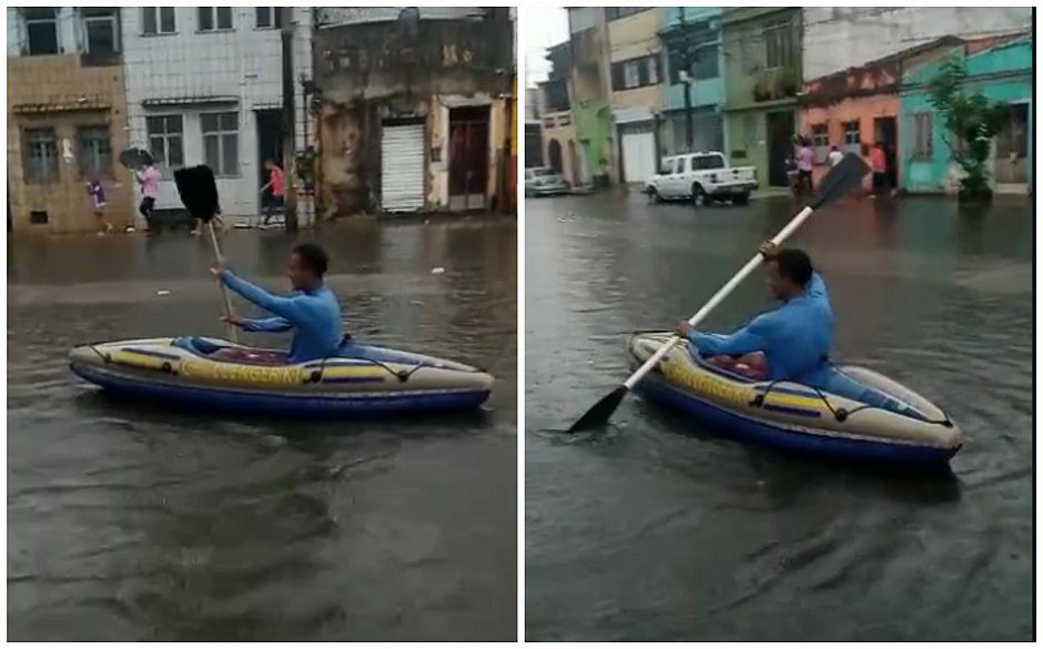 Morador Usa Barco Para Se Locomover Em Rua Alagada Da Cidade Baixa