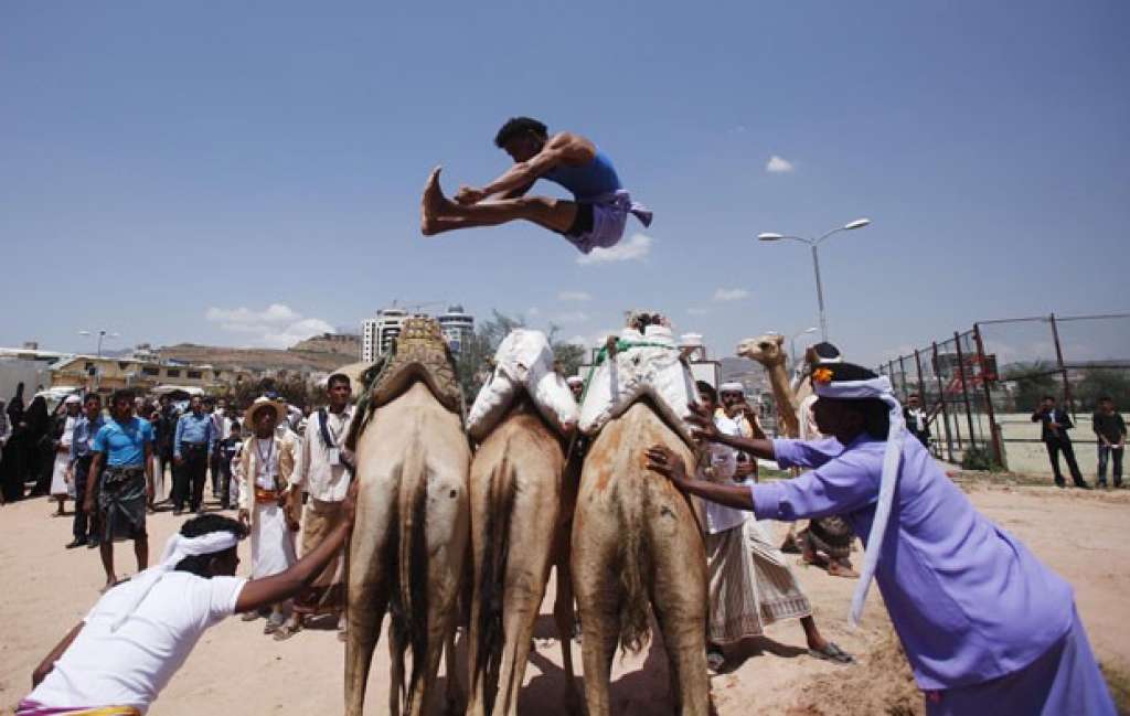Participante salta sobre três camelos em festival no Iêmen
