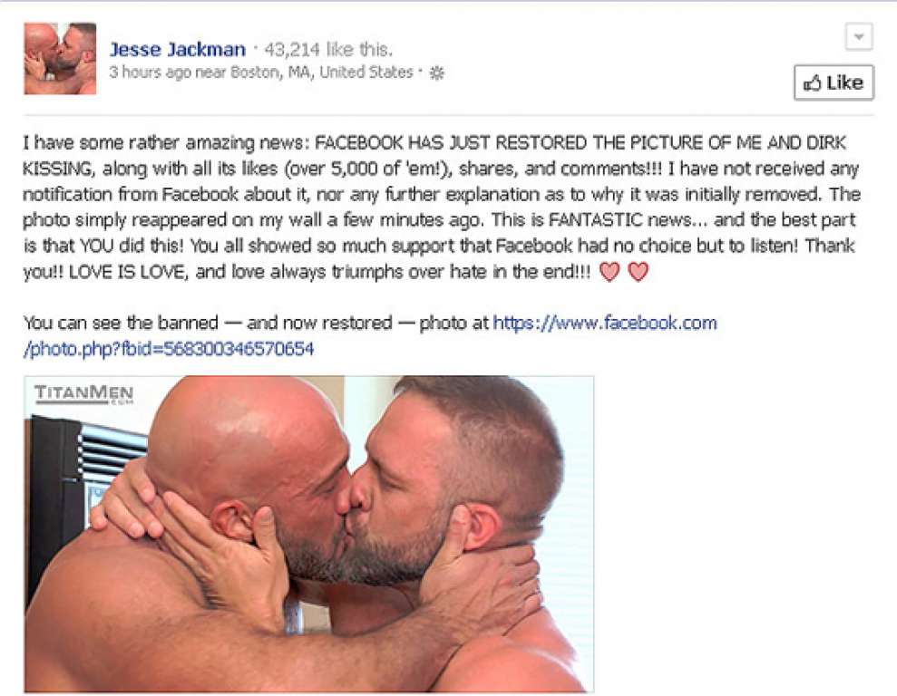 Ator pornô publica foto beijando marido e é temporariamente suspenso do Facebook