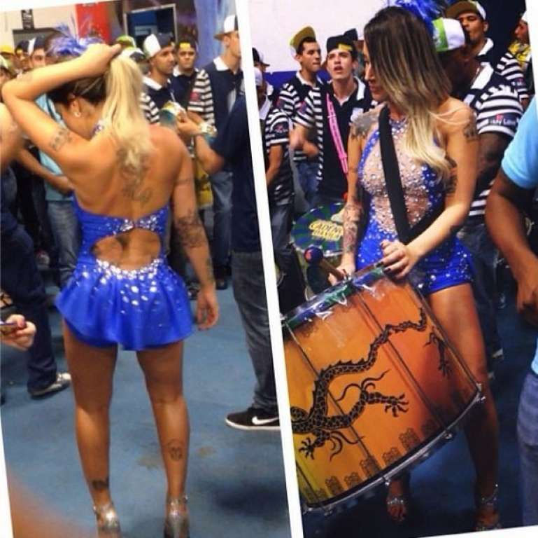 Dani Bolina usa look curtinho e toca surdo em ensaio de escola de samba