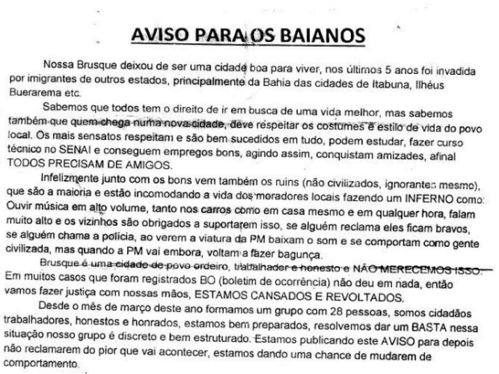 Polícia Civil investiga “Carta que ameaça Baianos” em SC