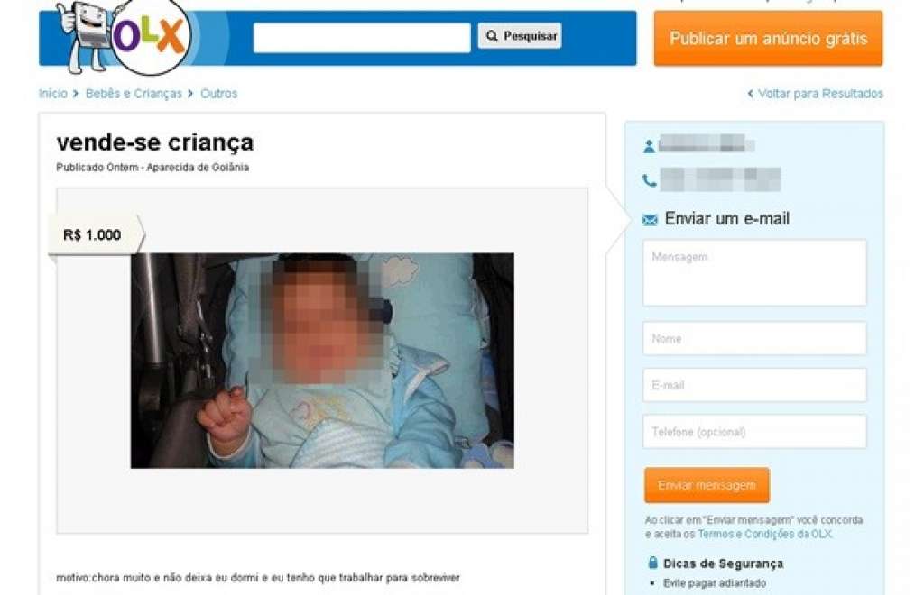 Polícia Civil investiga anúncio que vendia bebê por R$ 1 mil na internet