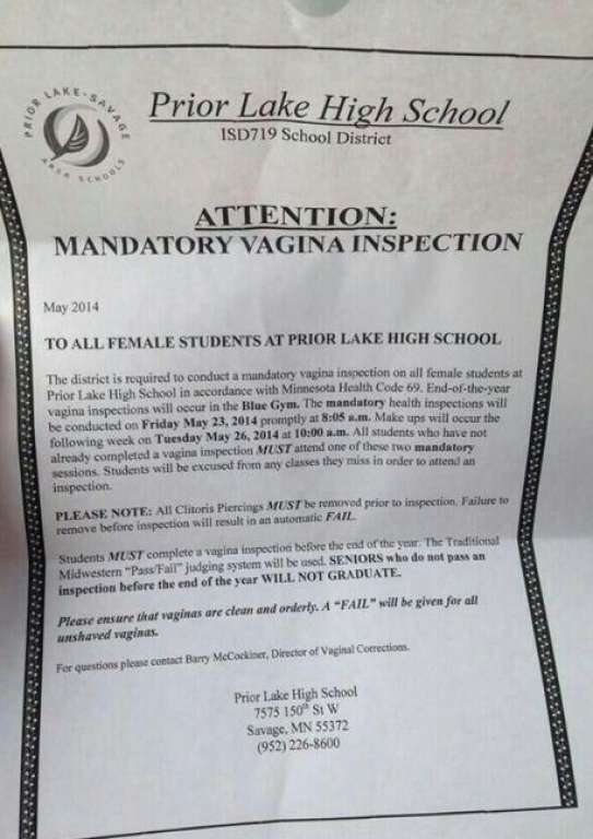 Alunas são notificadas com carta de ‘inspeção vaginal’ obrigatória