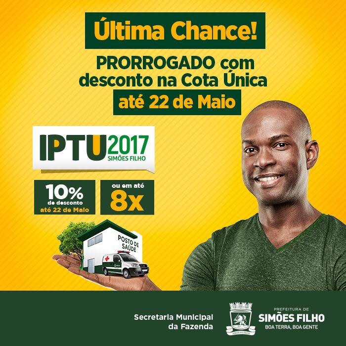 Prefeitura de Simões Filho prorroga prazo de pagamento do IPTU com desconto