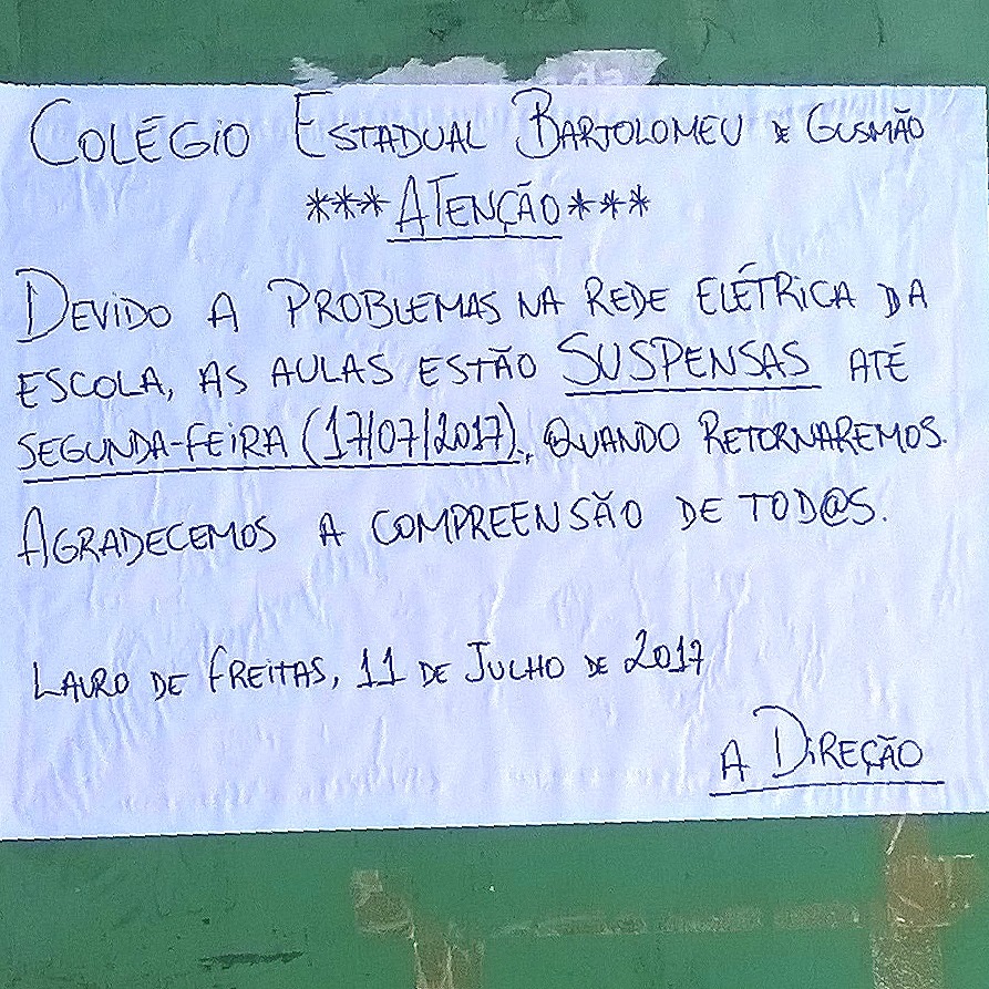 Lauro de Freitas: pane elétrica deixa alunos do Colégio Bartolomeu de Gusmão sem aulas