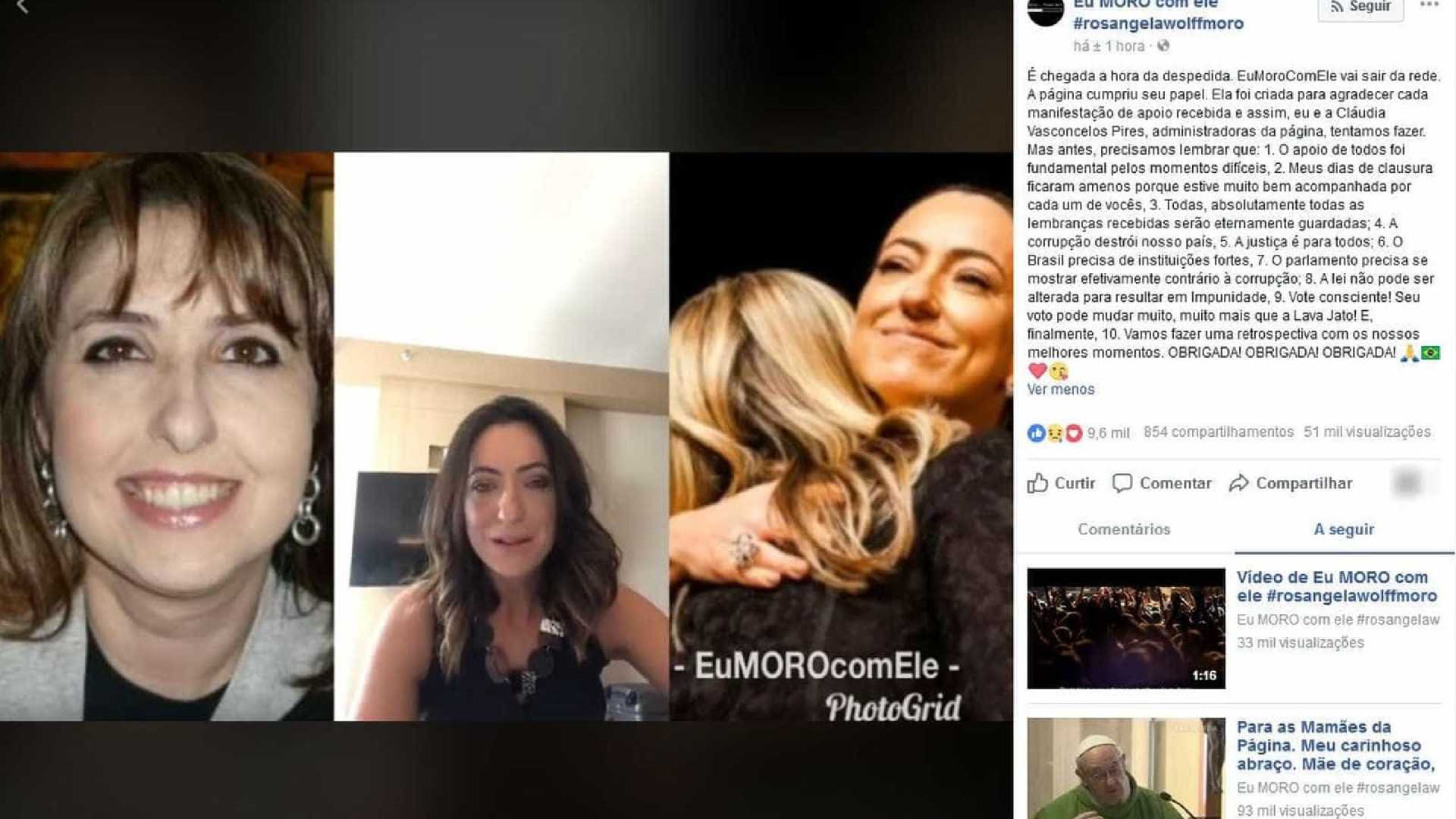 Mulher de Sérgio Moro anuncia fim de página em apoio ao marido no Facebook