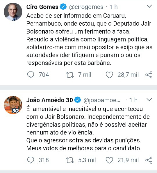 Candidatos se manifestam nas redes sociais e condenam ataque a Bolsonaro