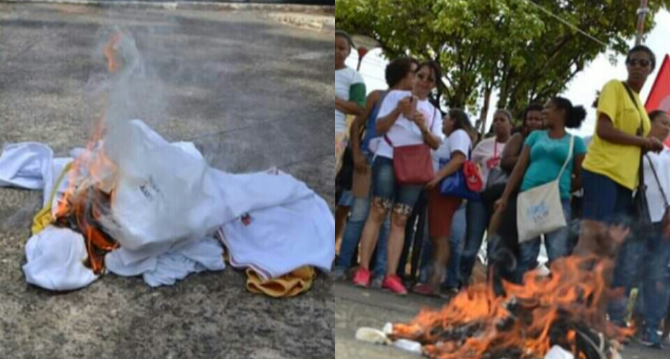 Servidores da saúde queimam fardamentos em protesto contra a prefeitura de Lauro de Freitas