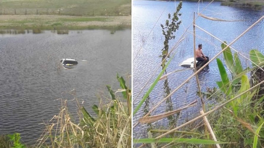 Homem perde o controle e carro cai dentro de lago no interior do estado