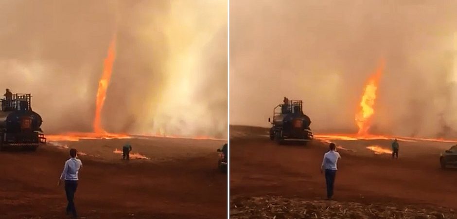 Redemoinho de fogo se forma durante queimada em fazenda de Goiás