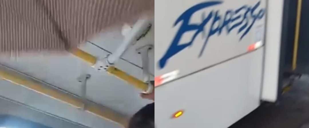 DESCASO: Passageira abre guarda-chuva para se proteger de pingueiras dentro de ônibus metropolitano