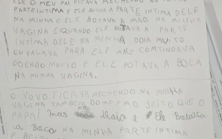 Em carta, menina de 9 anos relata que era estuprada pelo pai e avô; leia