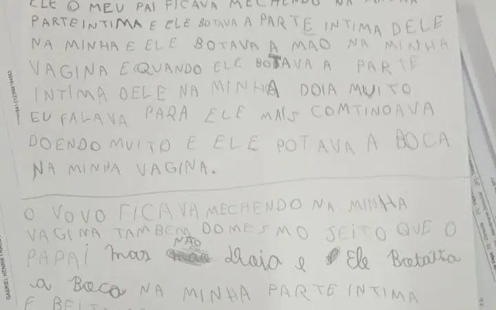 Em carta, menina de 9 anos relata que era estuprada pelo pai e avô; leia