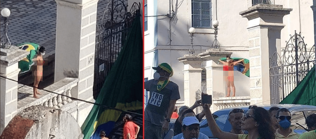 Bolsonarista é flagrada nua levantando bandeira do Brasil em frente a igreja