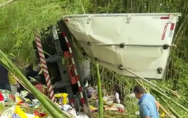 Caminhão carregado com ração animal cai em ribanceira e deixa ferido em rodovia na Bahia