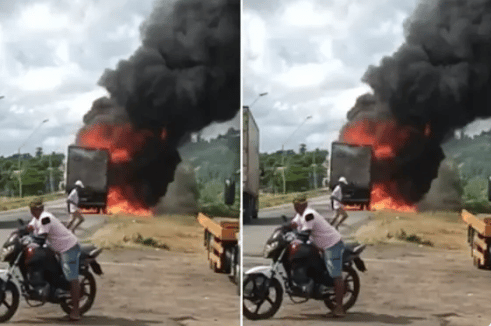 Caminhão carregado com produtos de e- commerce pega fogo em rodovia na Bahia