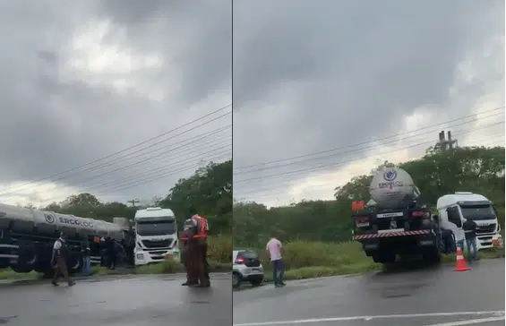 Camaçari: Após acidente, carreta fica atravessada em canteiro central na Via Parafuso
