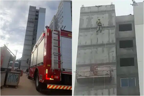 Trabalhadores são resgatados após elevador travar em prédio de 30 metros; ASSISTA