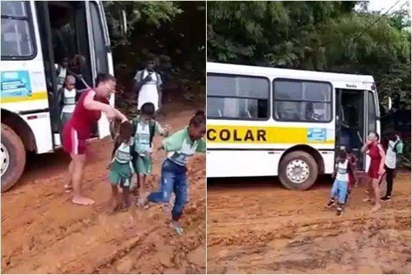 VÍDEO: Crianças enfrentam rua de lama após ônibus escolar atolar no Rancho Alegre