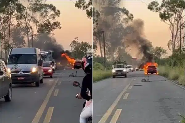 Carro pega fogo na Via de Ligação e deixa trânsito complicado na região