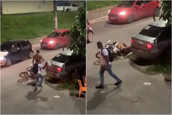 Homem desmaia após sofrer golpe de capacete na cabeça em briga de trânsito no Inocoop