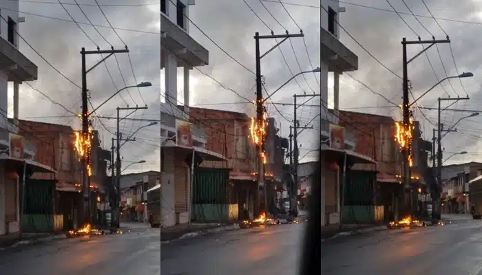 VÍDEO: Fiação pega fogo em poste na Nova Vitória, em Camaçari