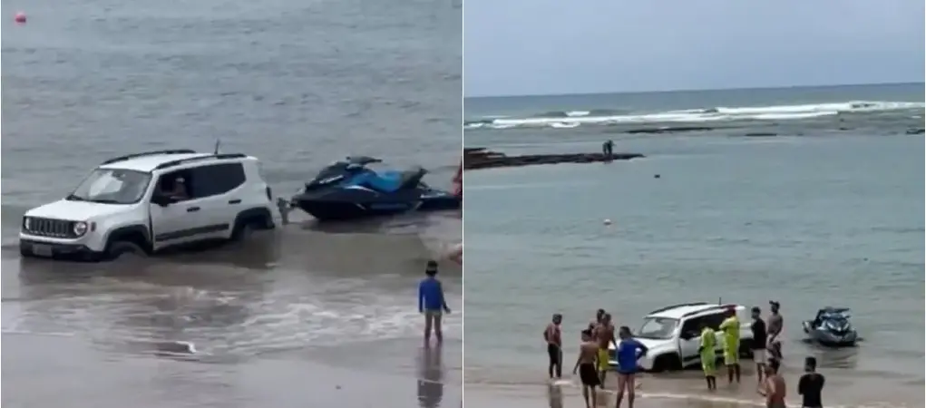 Vídeo: Carro atola no mar ao tentar tirar moto aquática na praia de Guarajuba