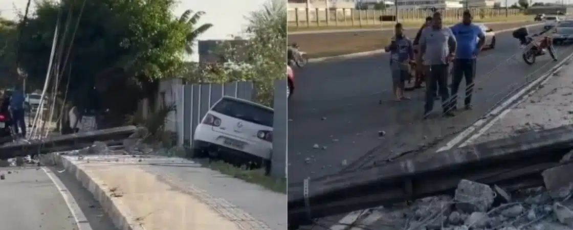 CAMAÇARI: Carro derruba poste e bate em muro na Av. Jorge Amado