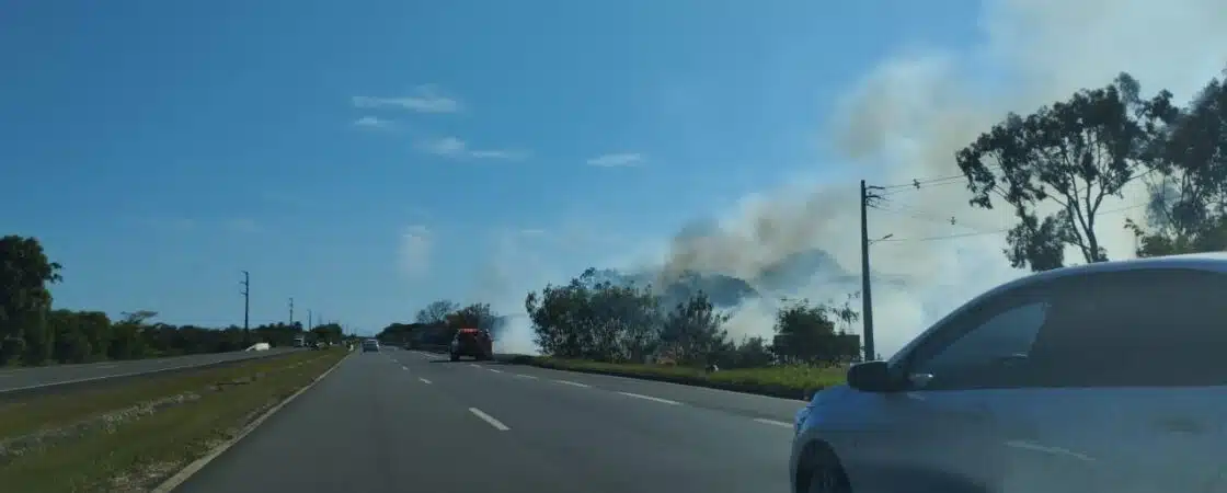 Vegetação pega fogo às margens da BA-099, em Camaçari
