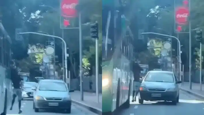 VÍDEO: Suspeito é preso após ficar pendurado em ônibus após tentativa de assalto