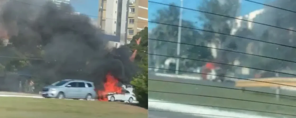 Carro pega fogo em avenida de Salvador; VEJA