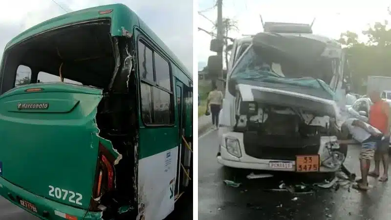 Acidente deixa ônibus e caminhão parcialmente destruídos em Salvador
